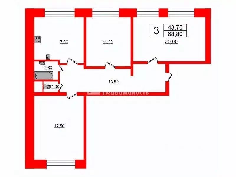 Квартира, 3 комнаты, 68.8 м - Фото 0