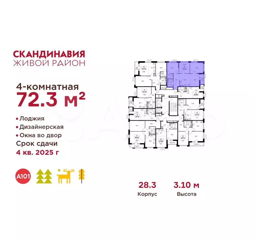 4-к. квартира, 72,3 м, 9/17 эт. - Фото 1