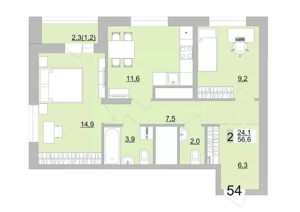 2-к кв. Свердловская область, Екатеринбург ул. Черкасская, 5к3 (57.75 ... - Фото 1