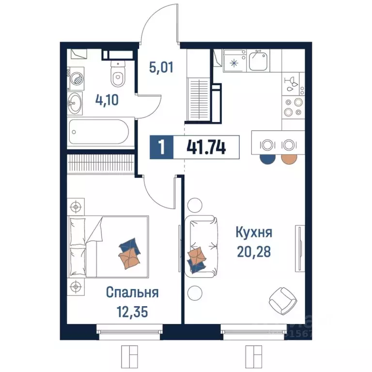 1-к кв. Ленинградская область, Мурино Всеволожский район,  (41.74 м) - Фото 0