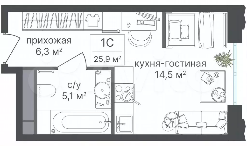 Апартаменты-студия, 25,9 м, 24/30 эт. - Фото 0