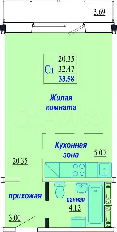 Квартира-студия, 33,9 м, 2/10 эт. - Фото 0