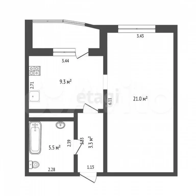 1-к. квартира, 41 м, 9/14 эт. - Фото 1