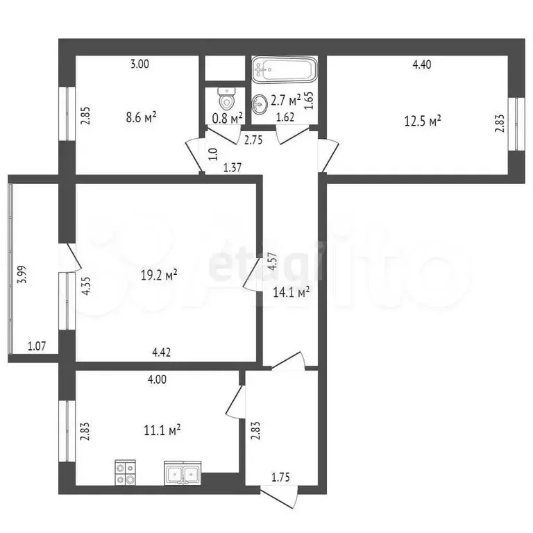 3-к. квартира, 69 м, 1/5 эт. - Фото 1