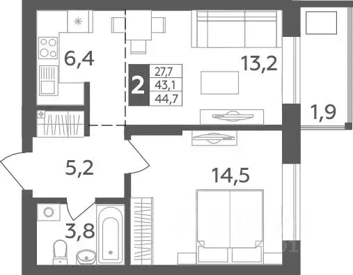 2-к кв. Башкортостан, Уфа ул. Орджоникидзе, 34 (44.7 м) - Фото 1