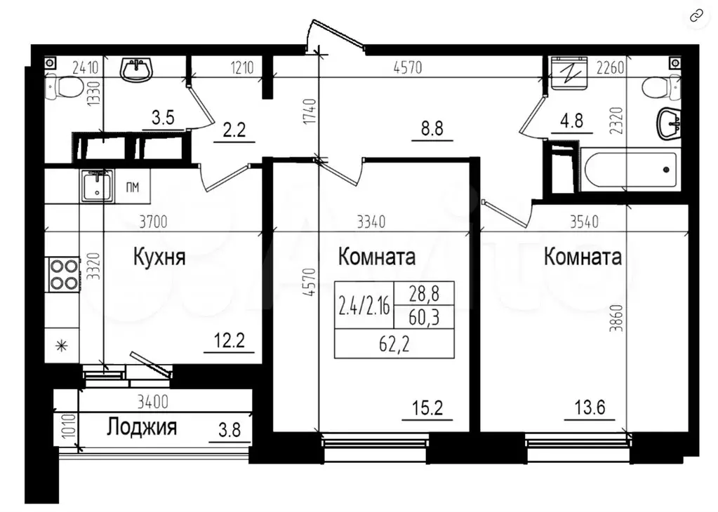 2-к. квартира, 60,3 м, 8/23 эт. - Фото 0