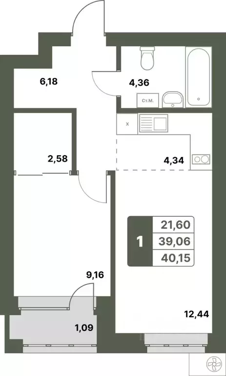 1-к кв. Башкортостан, Уфимский район, с. Миловка  (40.15 м) - Фото 1