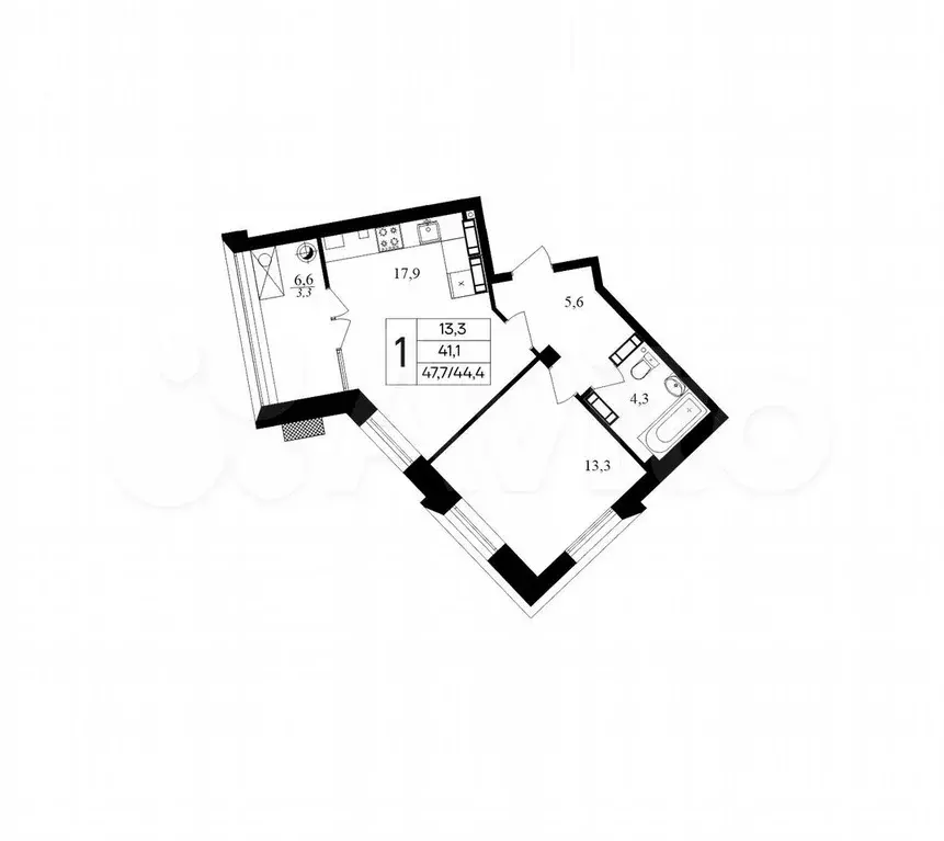 1-к. квартира, 47,7 м, 3/8 эт. - Фото 1