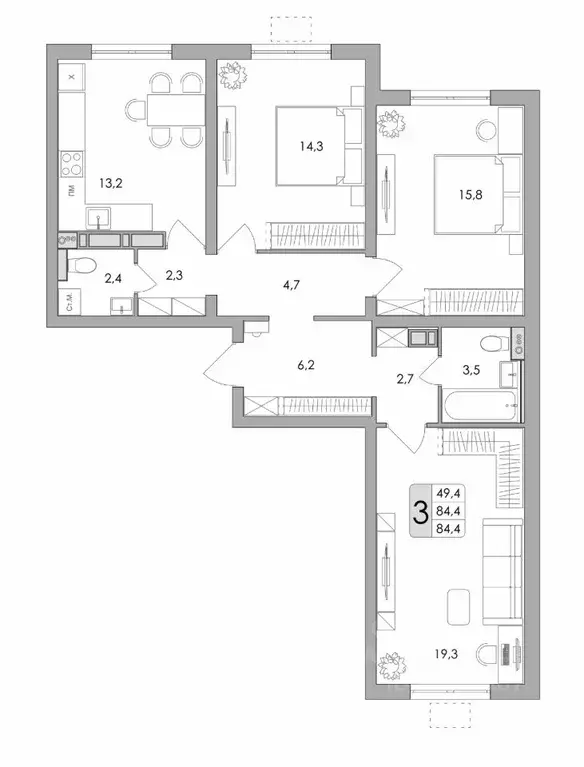 3-к кв. воронежская область, воронеж ул. шишкова, 140б/16 (84.4 м) - Фото 0