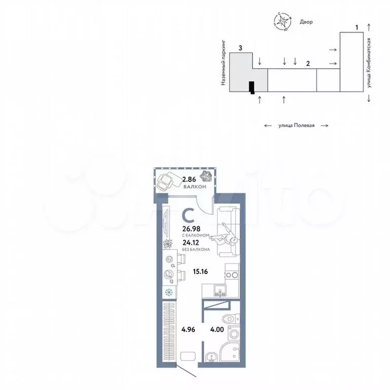 Квартира-студия, 27м, 7/16эт. - Фото 0