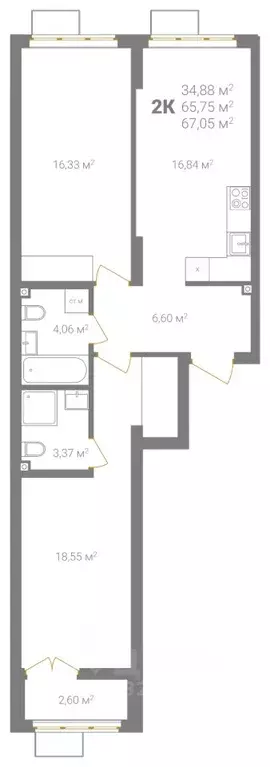 2-к кв. Нижегородская область, Нижний Новгород Ветеринарная ул. (67.05 ... - Фото 2