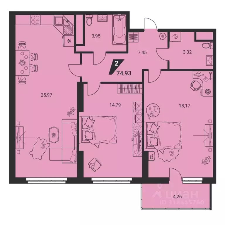 3-к кв. Свердловская область, Екатеринбург ул. Громова, 26 (74.93 м) - Фото 1