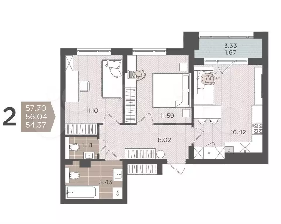 2-к. квартира, 56 м, 1/9 эт. - Фото 1