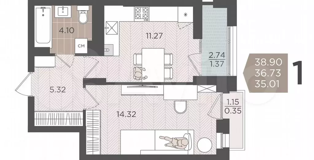 1-к. квартира, 36,7 м, 9/9 эт. - Фото 1