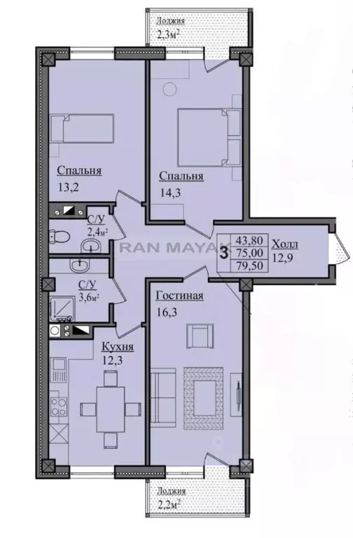 3-к кв. Адыгея, Майкоп 7-й пер., 14А (75.1 м) - Фото 2