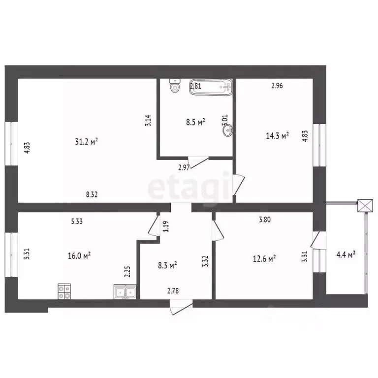 3-к кв. Тюменская область, Тюмень Заречный проезд, 6к2 (90.9 м) - Фото 2