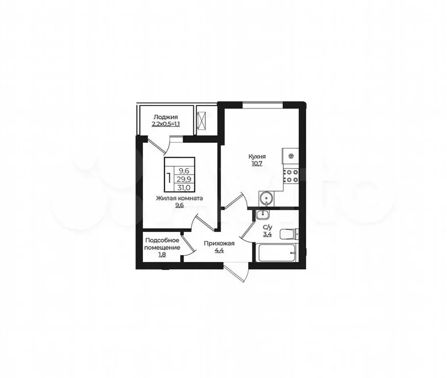 1-к. квартира, 31 м, 6/7 эт. - Фото 1