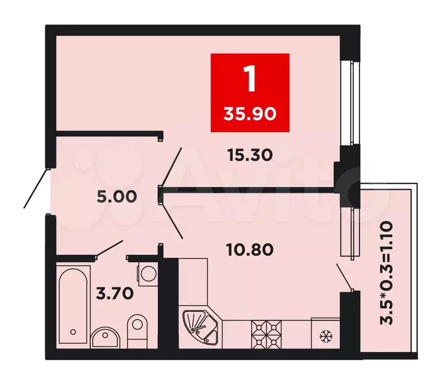 1-к. квартира, 35,9 м, 4/9 эт. - Фото 0