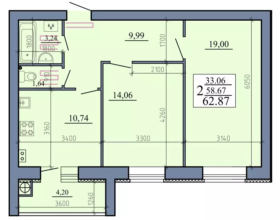 2-комнатная квартира: Рязанская область, Рыбное (62.87 м) - Фото 2