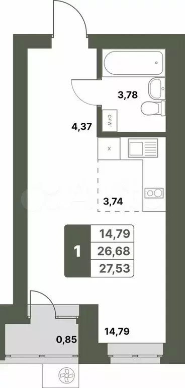 1-к. квартира, 27,5 м, 7/8 эт. - Фото 0