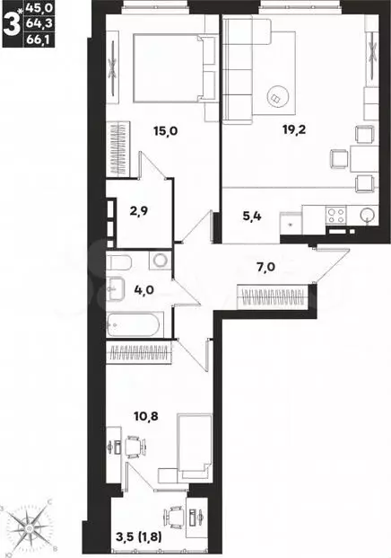 3-к. квартира, 66,1м, 9/9эт. - Фото 0