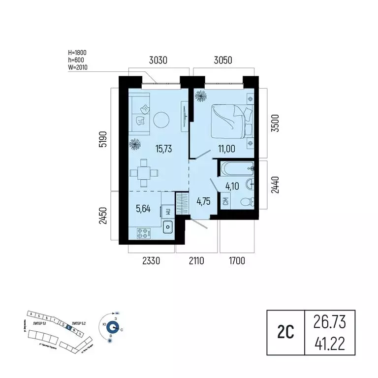 2-комнатная квартира: Уфа, улица Рудольфа Нуреева, 7 (41.22 м) - Фото 1
