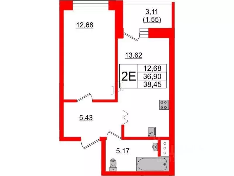 Квартира, 1 комната, 38.6 м - Фото 0