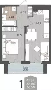 1-к. квартира, 38,5 м, 6/9 эт. - Фото 1