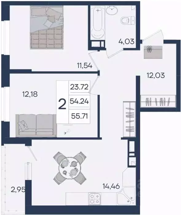 2-к кв. Краснодарский край, Краснодар  (55.71 м) - Фото 1