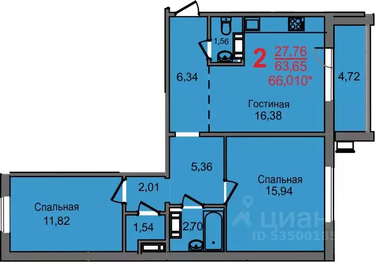 2-к кв. Челябинская область, Челябинск Новороссийская ул., 9А (57.5 м) - Фото 0