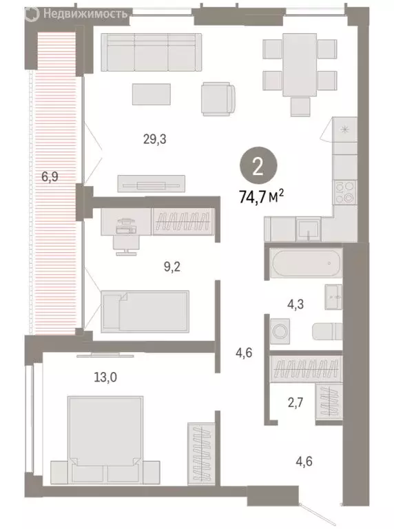 2-комнатная квартира: Новосибирск, Большевистская улица, 66 (74.71 м) - Фото 2