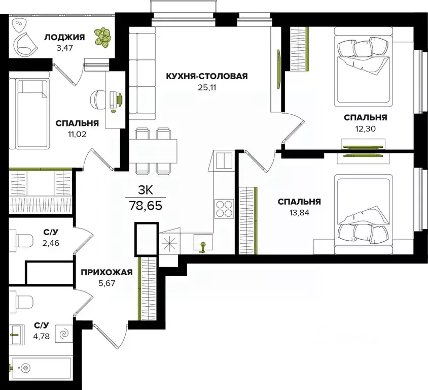 3-к кв. Тульская область, Тула ул. Академика Насоновой (78.65 м) - Фото 1