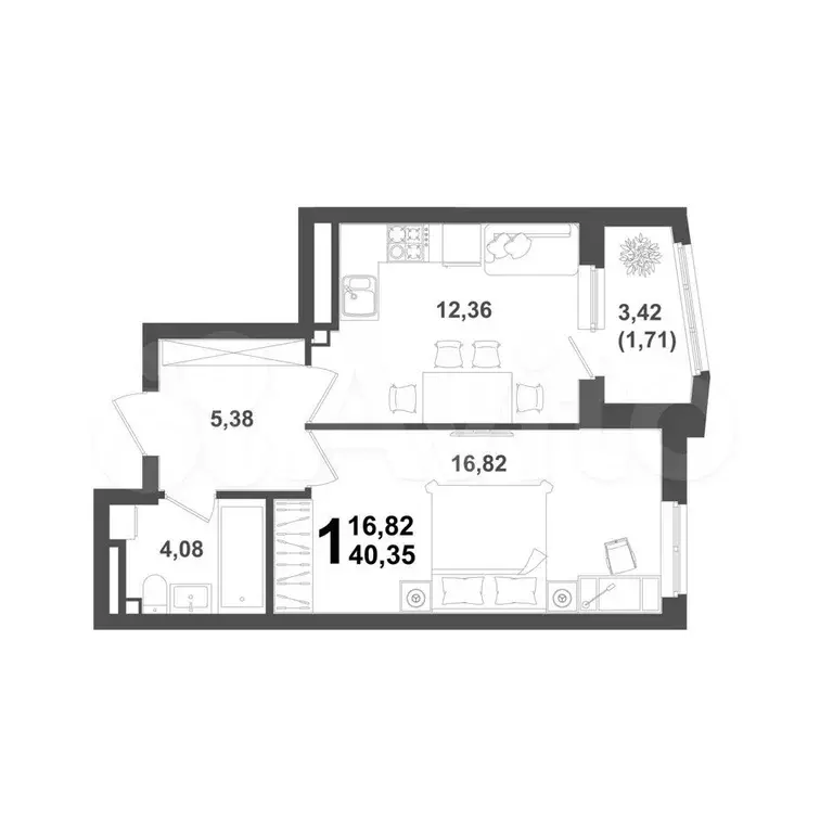 1-к. квартира, 40,4 м, 15/21 эт. - Фото 1