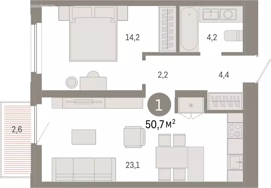 1-комнатная квартира: Тюмень, Мысовская улица, 26к2 (50.66 м) - Фото 1