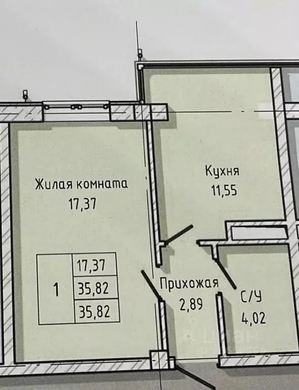 1-к кв. Кабардино-Балкария, Нальчик ул. А.А. Кадырова, 7 (35.82 м) - Фото 2