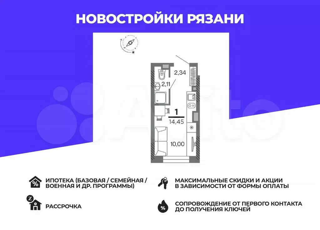 1-к. квартира, 14,5 м, 10/25 эт. - Фото 0