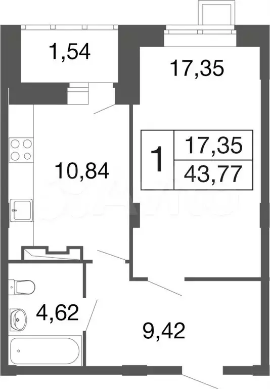 1-к. квартира, 43,8м, 8/9эт. - Фото 0