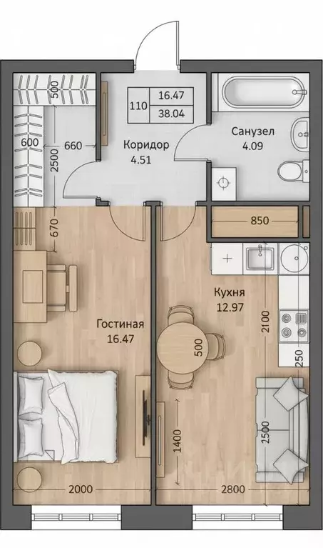 1-к кв. Татарстан, Казань ул. Рауиса Гареева, 103А (37.7 м) - Фото 2