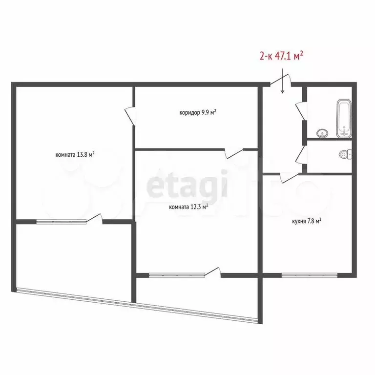 2-к. квартира, 47,1 м, 8/9 эт. - Фото 0