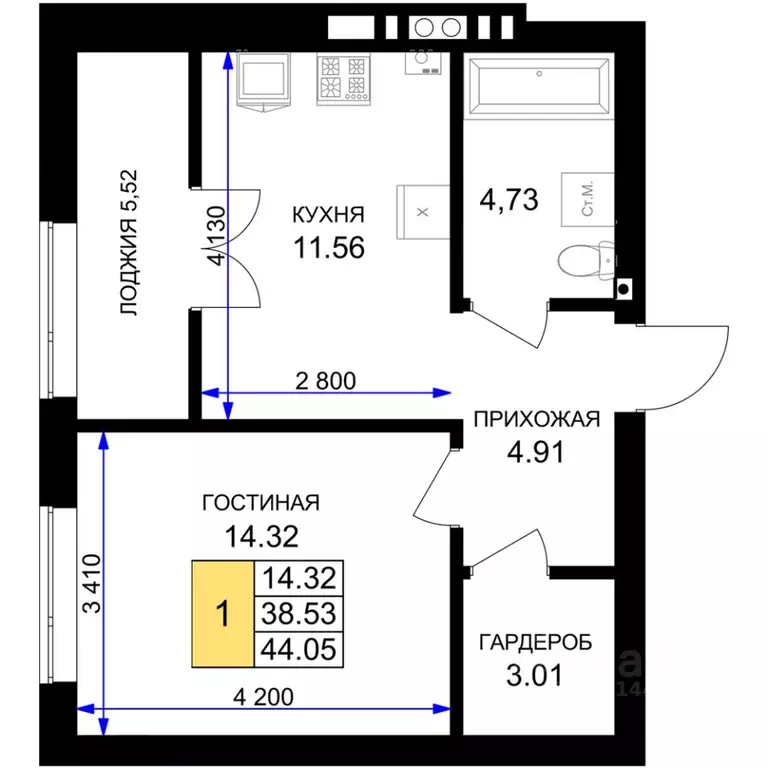 1-к кв. Калининградская область, Гурьевск Включи жилой комплекс (44.05 ... - Фото 0