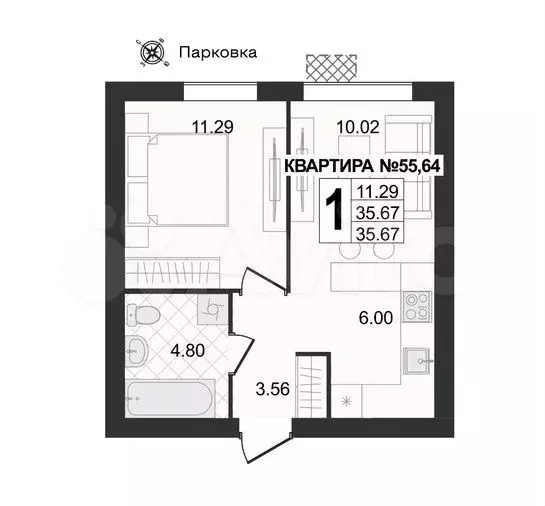 1-к. квартира, 35,7 м, 3/4 эт. - Фото 0