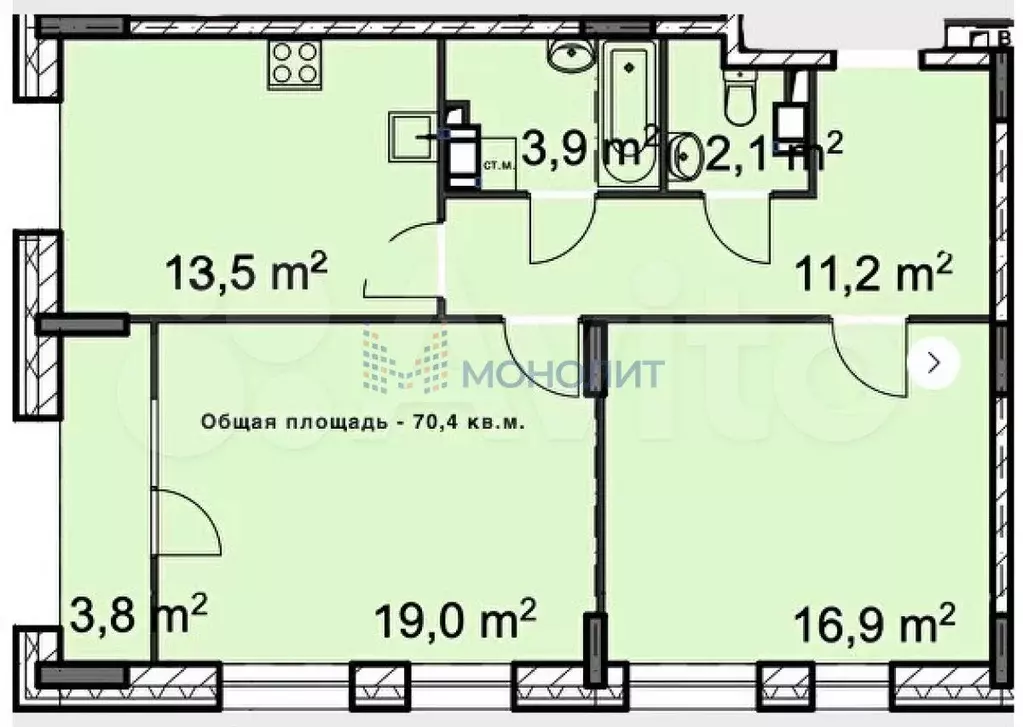 2-к. квартира, 70,4 м, 4/8 эт. - Фото 0