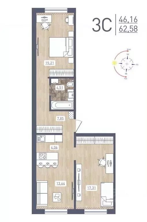 3-к кв. Новосибирская область, Новосибирск ул. Забалуева, 69 (62.58 м) - Фото 0