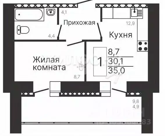 1-к кв. Амурская область, Благовещенск Рабочая ул., 60 (35.0 м) - Фото 0