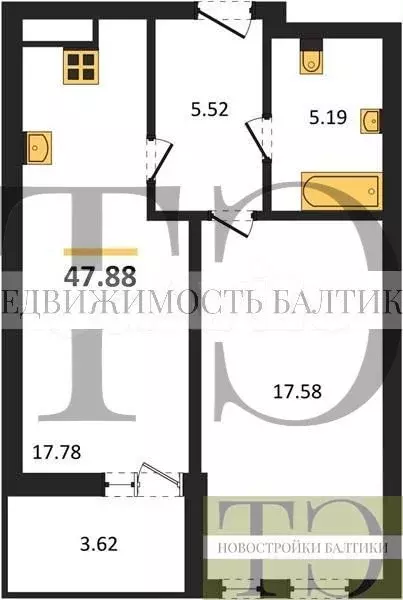 1-к. квартира, 47,9 м, 2/10 эт. - Фото 0