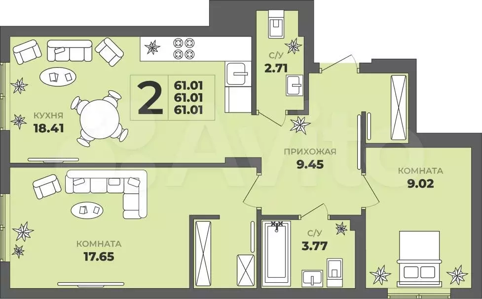 2-к. квартира, 61 м, 1/8 эт. - Фото 1