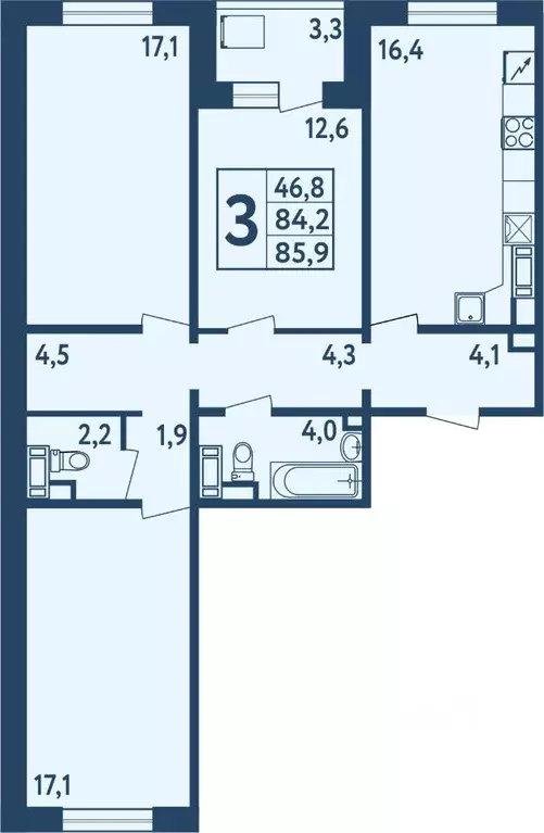 3-к кв. Башкортостан, Уфа ул. Мечтателей, 17 (85.6 м) - Фото 1