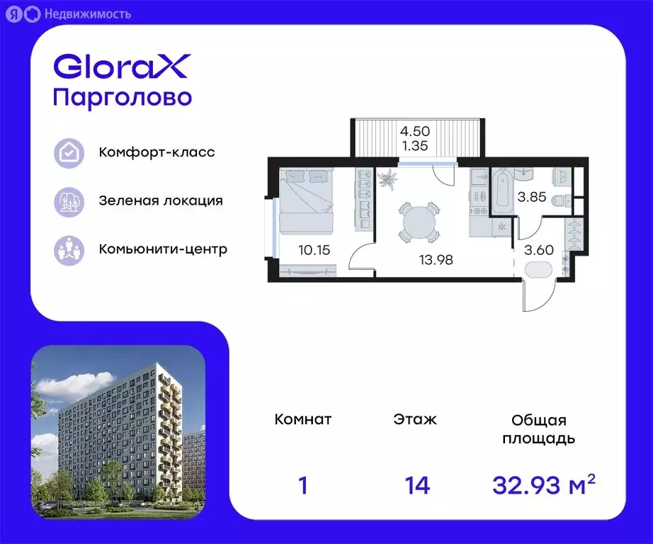 1-комнатная квартира: Санкт-Петербург, посёлок Парголово, жилой ... - Фото 0