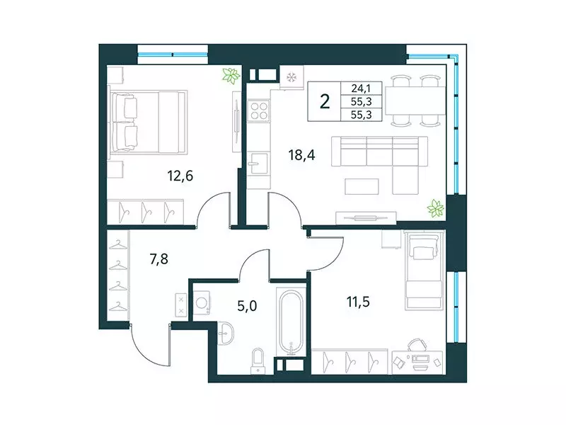 2-комнатная квартира: Чита, микрорайон Хороший, 10 (55.9 м) - Фото 1