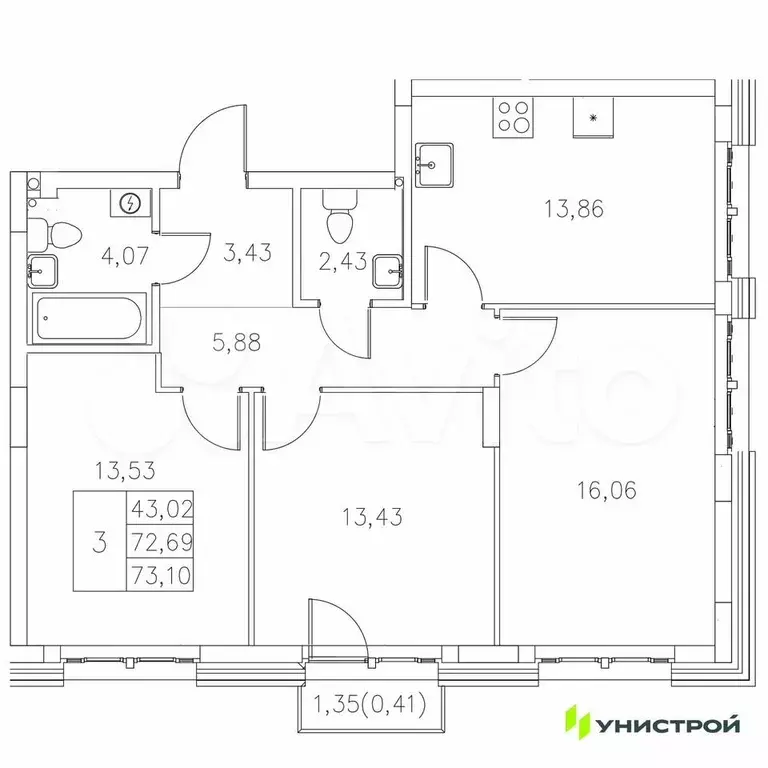 3-к. квартира, 73,1 м, 5/8 эт. - Фото 0